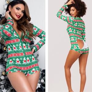 Yandy Green Christmas Tree Romper Pajamas Sleepwear Button Size XL